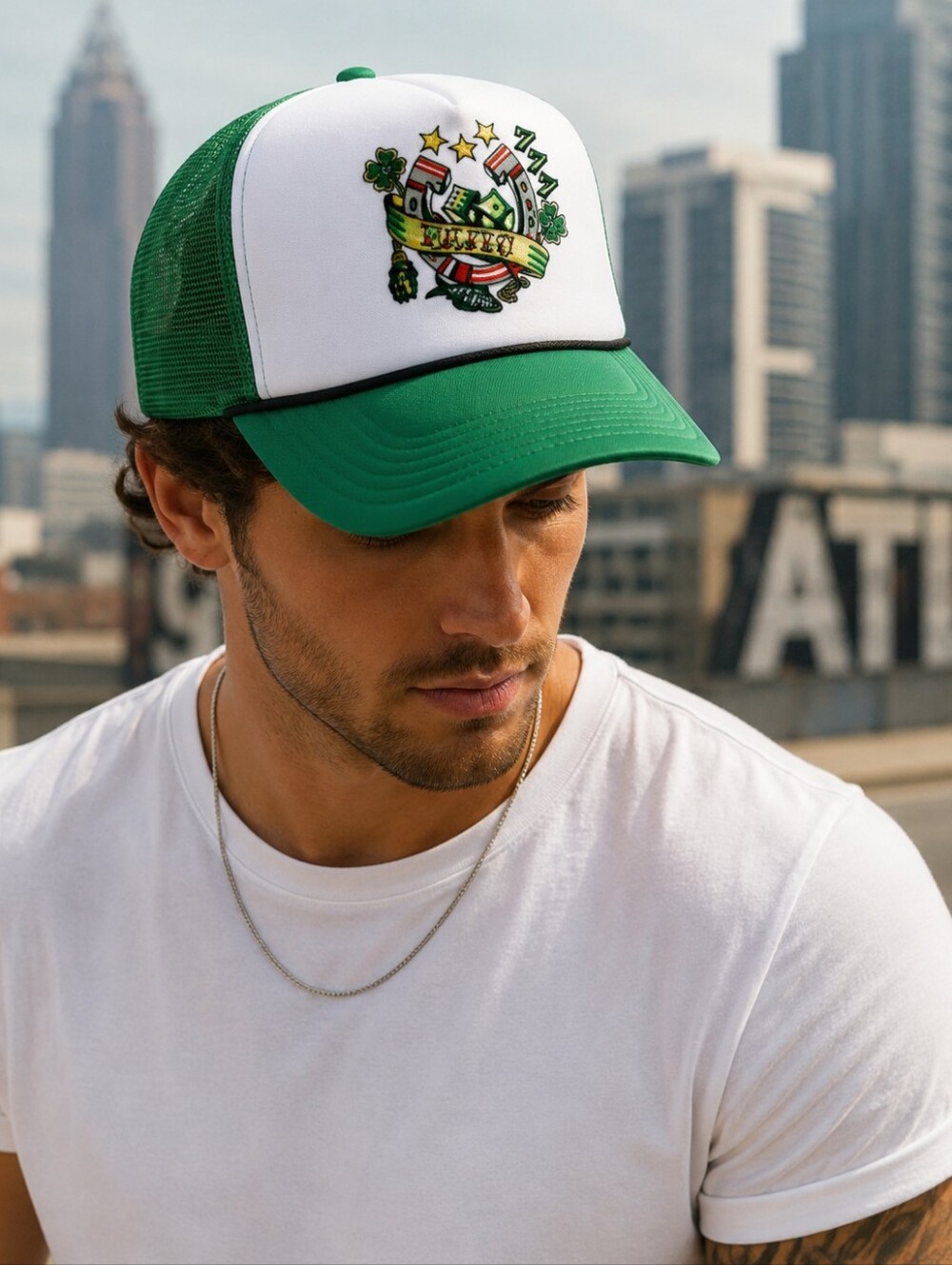 Bajío Lucky 777 Trucker Hat NWT Green White Snapback Mesh Cap Unisex